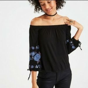 AE American Eagle Boho Off The Shoulder Embroidered Peasant Blouse Top Medium